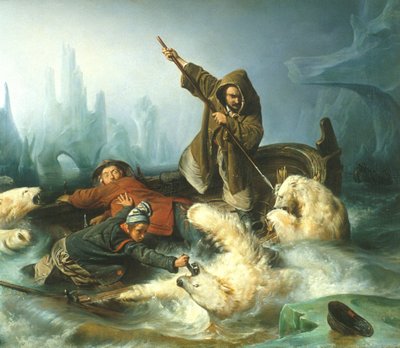 Franska: Battez les ours polaires / Jakt på isbjörnar Kamp med isbjörnar av François Auguste Biard