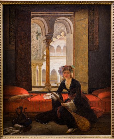 Sultana i en interiör (olja på duk) av François Auguste Biard