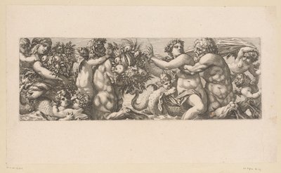 Bacchus med satyrer och nereider i vattnet Mytologiska figurer vid vattnet (serietitel) av François Bignon (attributed to)