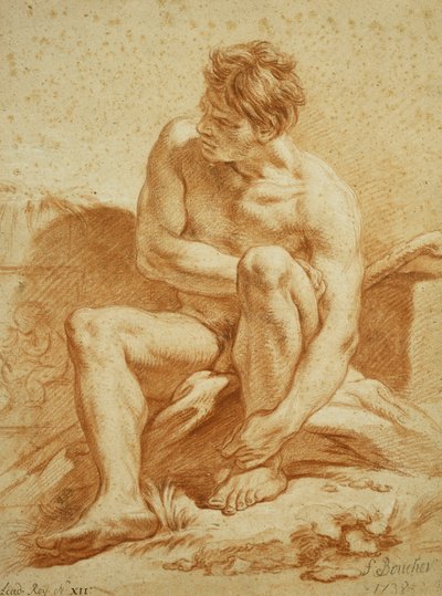 En sittande naken med en stav, en relief med Putti till vänster, 1738 av François Boucher