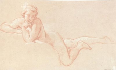 Nakenstudie av en kvinna som ligger på moln, med hakan vilande på hennes vänstra hand av François Boucher