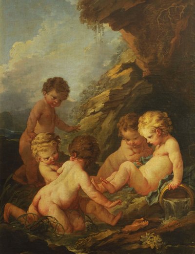 Boucher - Fem nakna barn leker vid en klippbassäng, 1730-1735 av François Boucher