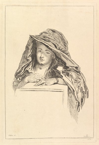 Bystporträtt av en kvinna som bär en huvmantel, 1700-tal. av François Boucher