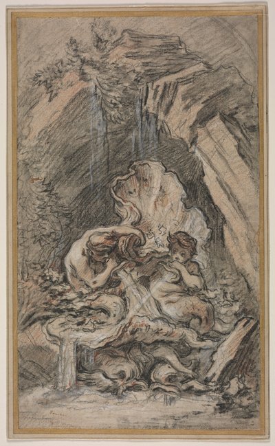 Fontän med två tritonblåsande snäckskal, ca. 1736. av François Boucher
