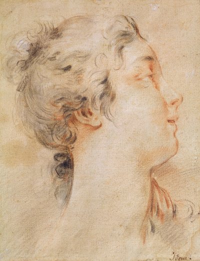 Kvinnohuvud vänt åt höger (svart penna och sanguine) av François Boucher