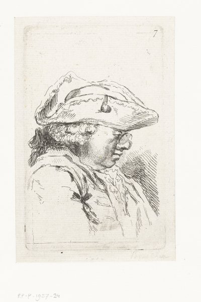 Huvud av en man med glasögon och tricorne Svit med små genrestycken och rubriker (serietitel) av François Boucher