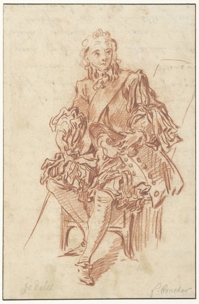 Jodelet sitter på en stol Design för illustrationen av Les Précieuses Ridicules