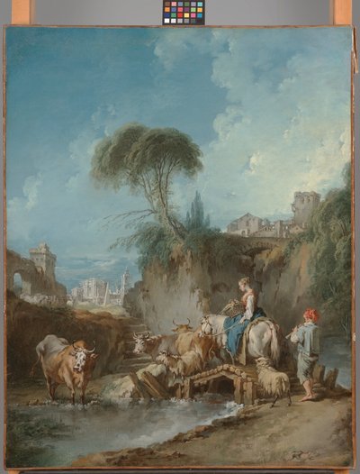 Landskap med avlägsna byggnader och en herdskvinna av François Boucher