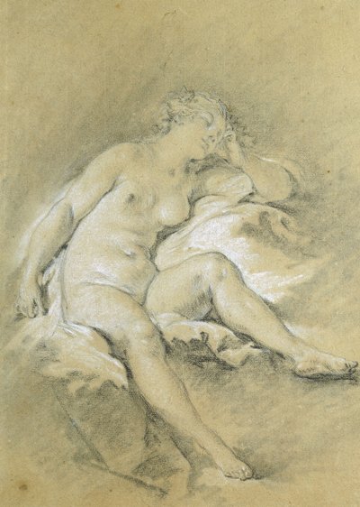 Naken ung kvinna som sitter, sover; En naken och sittande ung kvinna som sover, av François Boucher