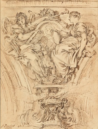 Spandreldekoration:  Berömmelse och sanning applåderar Ludvig XV av François Boucher