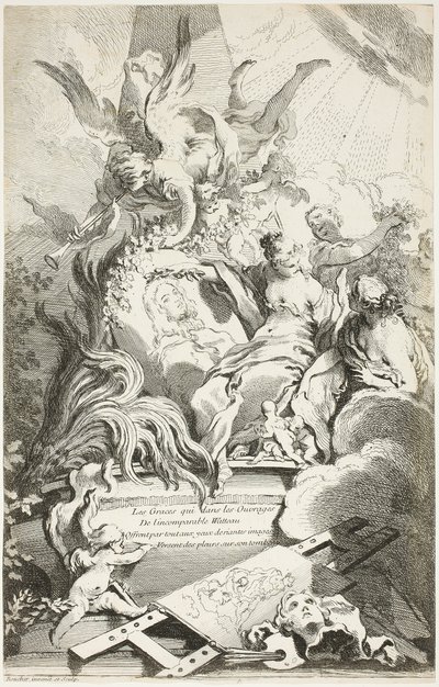 Gracerna på Watteaus grav av François Boucher