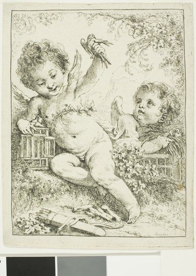 Två putti med en fågel av François Boucher