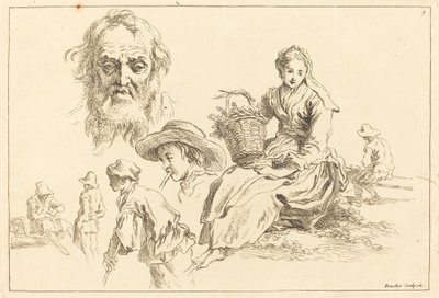 Figurstudier inklusive Bearded Face of an Old Man av François Boucher after Abraham Bloemaert