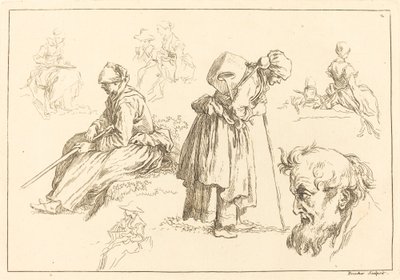 Figurstudier inklusive kvinna med vattenkokare av François Boucher after Abraham Bloemaert