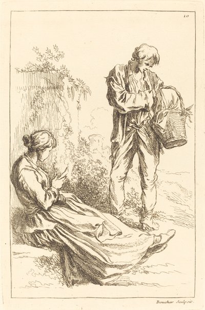 Sittande kvinna med bondpojke som håller en korg av François Boucher after Abraham Bloemaert