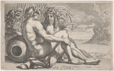 Flodgudar liggandes framför ett havslandskap, 1651-82. av François Bourlier