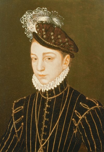 Porträtt av Karl IX (panel) (relaterat till teckning i Eremitaget, St. Petersburg) av François Clouet