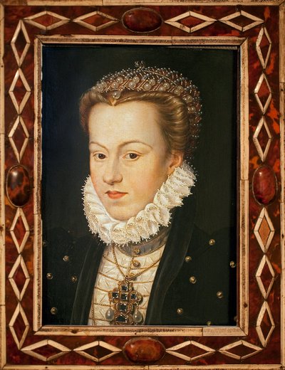 Porträtt av Elisabeth av Österrike (1554-1592, Frankrikes drottning) - Målning av Francois Clouet (cirka 1505-1572), fransk konst, sent 1500-tal - Musee des Beaux Arts d