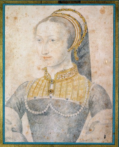 Porträtt av Jeanne av Albret, drottning av Navarra (1528 - 1572), mor till Henrik IV. Teckning med svart sten och blod av Francois Clouet (1515-1572) av François Clouet