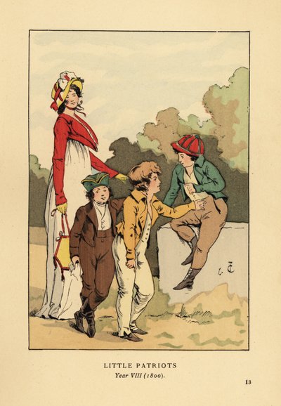 Pojkar i jackor och byxor med Merveilleuse i romersk dräkt med huva och spencerjacka. Små patrioter, år VIII av François Courboin