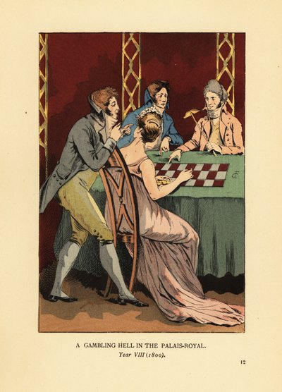 Fashionabla Incroyables i högkragade jackor vid ett spelbord med en ung kvinna och en croupier. Ett spelhelvete i Palais Royal, år VIII. av François Courboin