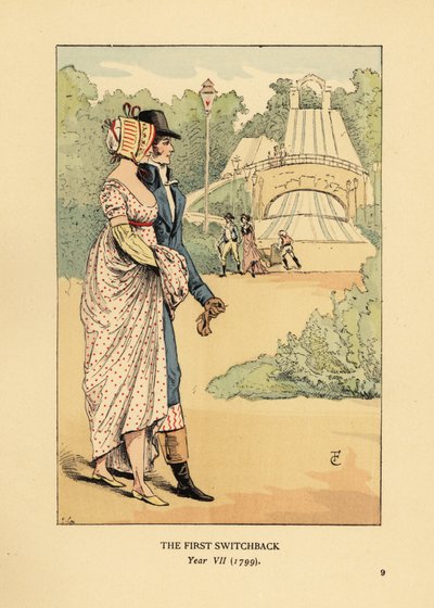 Fashionabla par vid berg-och-dalbanan i Ryska bergen, Les Montagnes Russes a Belleville, byggt 1812. (Den första återgången, år VII av François Courboin
