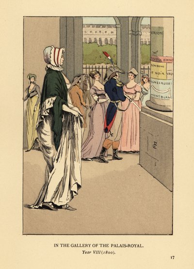 Fashionabla kvinna som promenerar genom galleriet i Palais Royal, Paris, år VIII av François Courboin