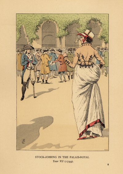 Fashionabla kvinna med en grupp spekulanter eller agiotörer, Paris. En enbent revolutionär soldat står på vakt. Lagerjobb på Palais Royal, år VII av François Courboin