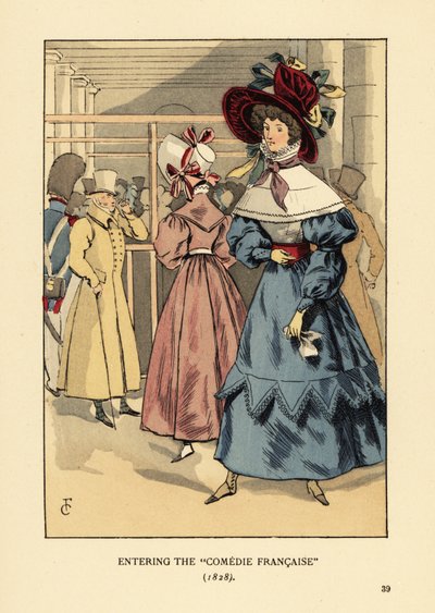 Fashionabla kvinnor på en pjäs, Paris. Kvinna i stor huva med band, klänning med hög krage, spetskappa eller pelerine och helärmar en basker. Inträder i Comedie Francaise av François Courboin