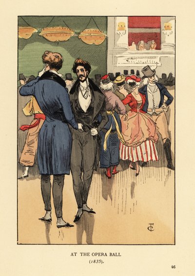 Fops i kappa med svansar, väst, tajta byxor och vita strumpor. Människor i kläder och masker bakom dem. På operabalen 1835. Handkolorerad litografi av R.V. efter en illustration av Francois Courboin från Octave Uzanne’s Fashion i Paris, Will av François Courboin