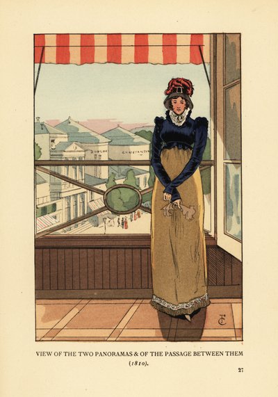 Kvinna vid fönstret med utsikt över Panoramas och Passage des Panoramas, på Boulevard Montmartre, Paris av François Courboin