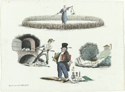Tecknad film om J.C. Backer, C. Seyn och S. van der Paauw, 1839 av François Desterbecq