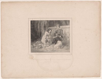 Tre barn trädgårdsarbete Les petits jardiniers / The little gardeners (titel på objekt) Tolv representationer av olika figurer (serietitel) Album de douze sujets (...) (serietitel) av François Grenier