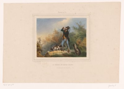 Viltvårdare med tre jakthundar Le départ du garde chasse (titel på objekt) Jägare med vapen (serietitel) Chasses au Tir (serietitel på objekt) av François Grenier
