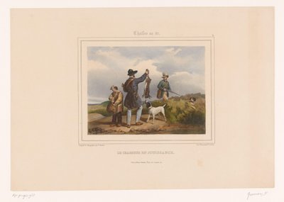 Hunter visar andra jägare sin skjutna hare Le chasseur en jouissance (titel på objekt) Jägare med vapen (serietitel) Chasses au Tir (serietitel på objekt) av François Grenier