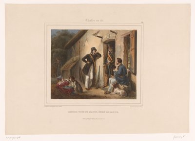 Jägare möter viltvårdaren på morgonen Rendezvous du matin, chez le garde (titel på objekt) Jägare med vapen (serietitel) Chasses au Tir (serietitel på objekt) av François Grenier