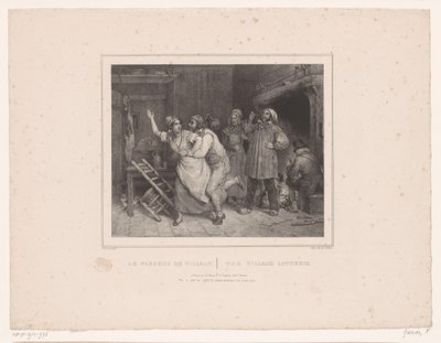 Man försöker krama kvinnan i värdshuset Le farceur de village / Byn lotherio (titel på objekt) Tolv representationer av olika figurer (serietitel) Album de douze sujets (...) (serietitel) av François Grenier