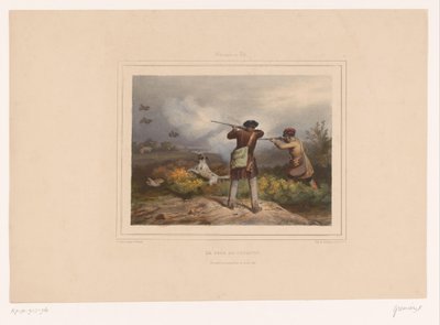 Två jägare som skjuter rapphöns Le jour de guignon (titel på objekt) Jägare med vapen (serietitel) Chasses au Tir (serietitel på objekt) av François Grenier