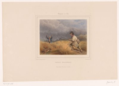 Två tjuvjägare jagar en hare Paysan braconnant (titel på objekt) Jägare med vapen (serietitel) Chasses au Tir (serietitel på objekt) av François Grenier