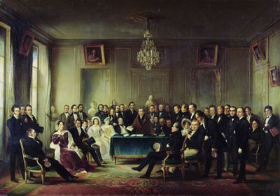Francois Andrieux (1759-1833) Läser sin tragedi "Junius Brutus" i foajén till Comedie Francaise, 26 maj 1828, 1847 (se även 216914) av François Joseph Heim