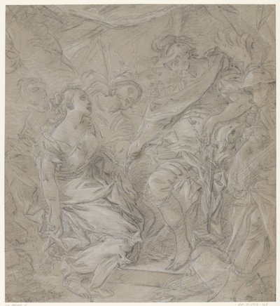 Ung kvinna knäböjer framför en general i hans tält (Scipio?) av François Le Moine (manner of)