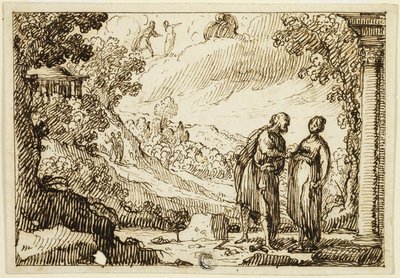 Oidentifierad mytologisk scen med man och kvinna som samtalar i klassiskt landskap av François Roëttiers