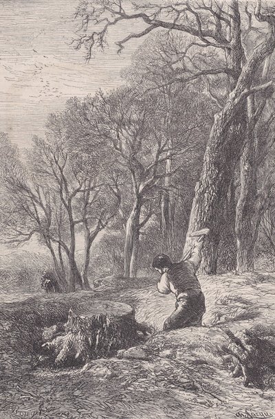 Vinterscen: stubbavdragaren, från Magasin Pittoresque, ca. 1852. av François Rouget