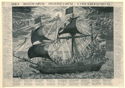 Statens skepp, 1620 Allegori om landets lyckliga tillstånd efter synoden i Dordrecht Idé Belgicarum Provinciarum Confaederatarum (titel på objekt) av François Schillemans