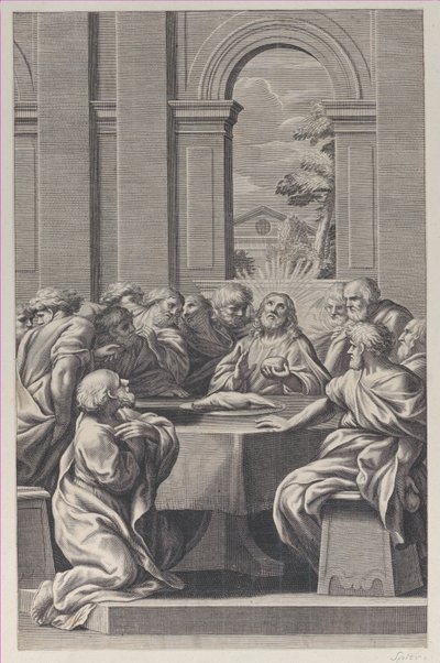 Nattvarden, interiören av en klassisk byggnad med Kristus och hans apostlars säte..., 1660-81. av François Spierre