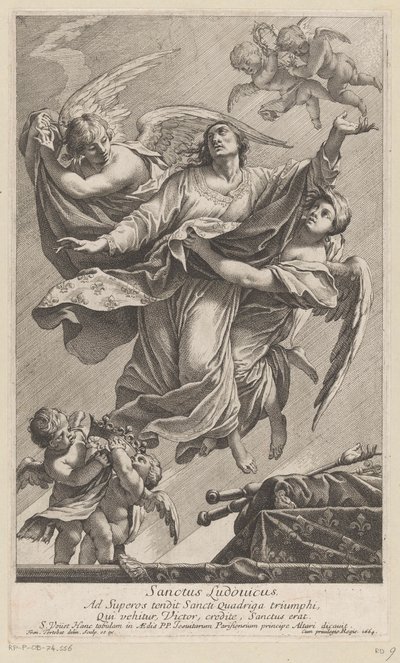 Saint Louis IX bars till himlen av två änglar Sanctus Ludovicus (titel på objekt) av François Tortebat