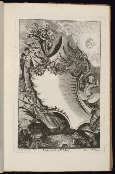 Patron med ymnighetshorn och sol, Book of Irregular Cartridges av François de Cuvilliés the Elder