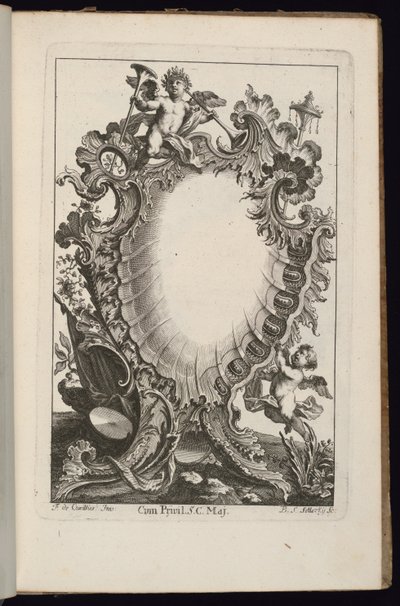 Patron med Putto som håller trumpeter, bok med oregelbundna patroner av François de Cuvilliés the Elder