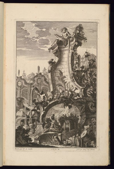 Design för fontän med Trophy of Musical Instruments av François de Cuvilliés the Elder