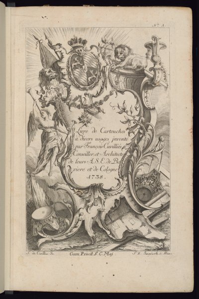 Titelsida, bok med patroner för olika användningsområden av François de Cuvilliés the Elder